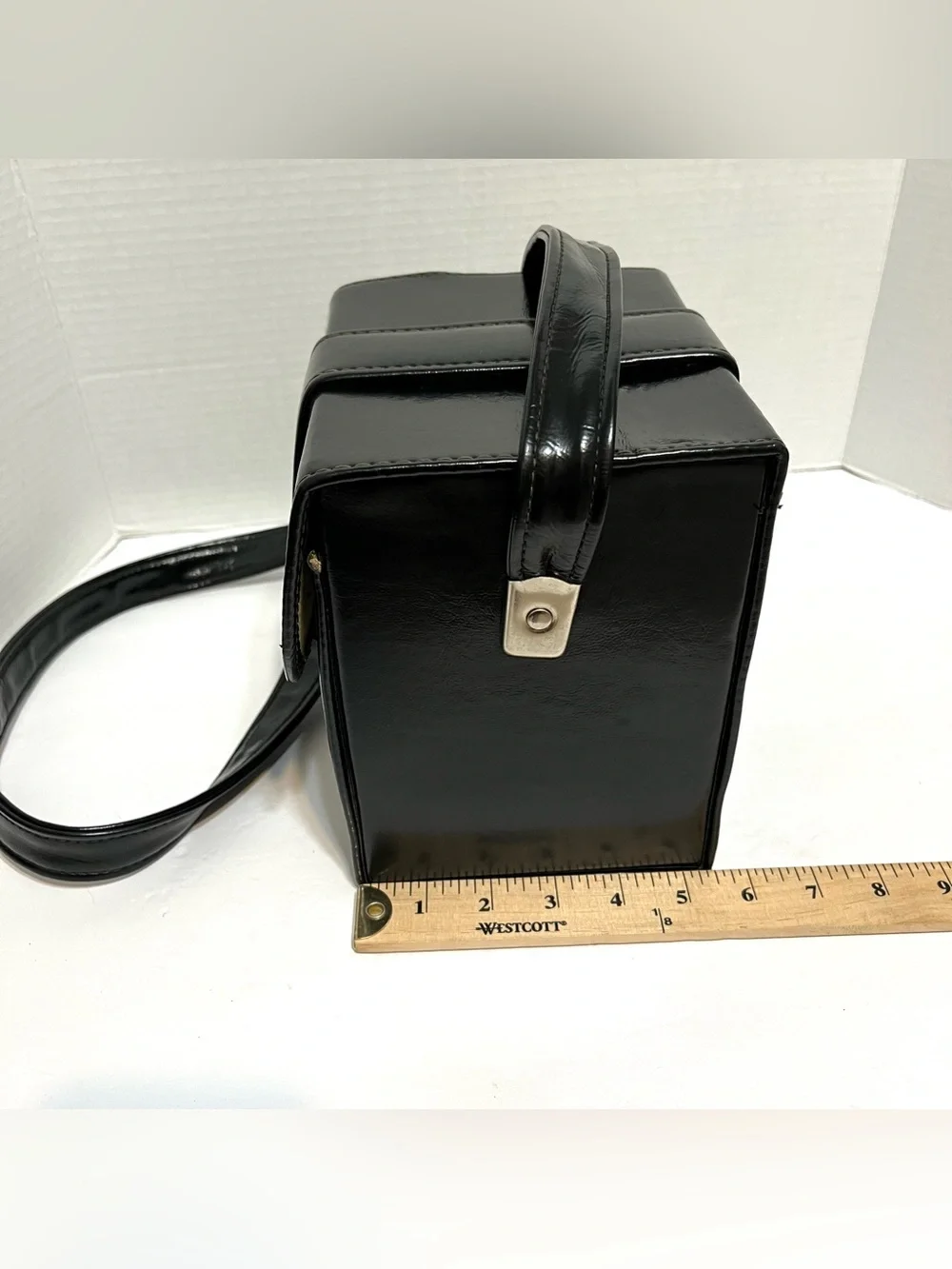 Vintage Black Leather Cube Hard Camera Case Bag Shoulder Strap